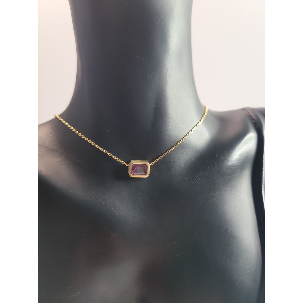 Dainty Purple Crystal Pendant Necklace Gold Tone Minimalist Bezel Set Amethyst C